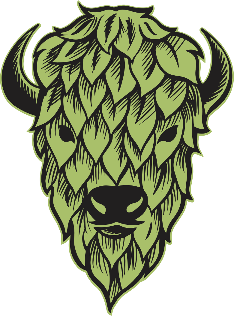 Illustration of a buffalo head made from green hop leaves, representing the Free Roam Brewing logo